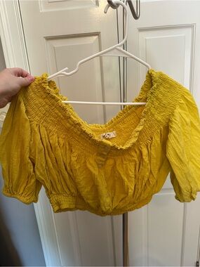 We The Free Mustard Yellow Smocked Off-Shoulder Crop Top